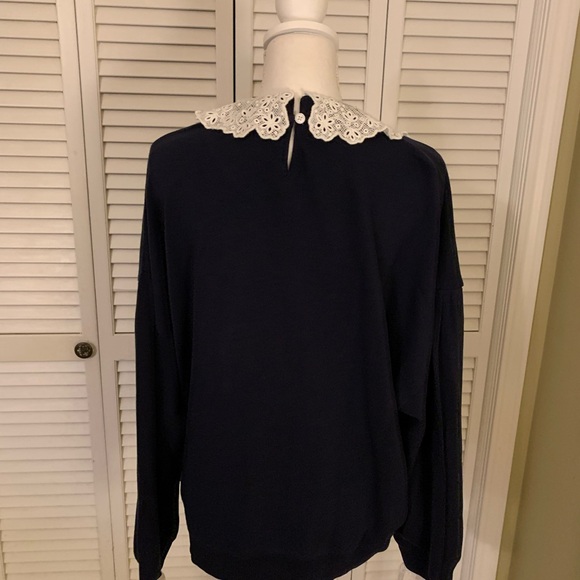 J. Crew Dark Navy Knit Top with White Lace Collar & Wrists Size XXL - Picture 6 of 11